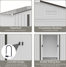Casetta Box da Giardino Porta Utensili 213x130x185 cm con Porte Scorrevoli in Acciaio Bianco...