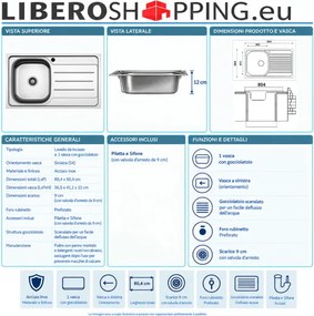 Lavello incasso 1 vasca SX 80x50 cm acciaio inox con Gocciolatoio