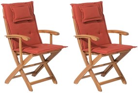 Set di 2 sedie da giardino in legno con cuscini rosso MAUI Beliani
