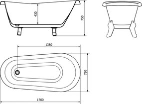 Mexen Retro vasca da bagno freestanding 170 x 75 cm, bianca, gambe dorate - 53251707500-50