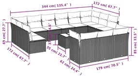 Set divani da giardino 14pz con cuscini in polyrattan grigio