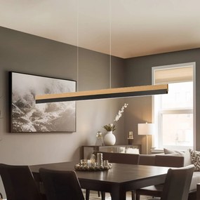 Lampada a sospensione Quitani LED Keijo, nero/quercia, lunghezza 123 cm
