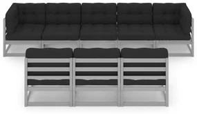Set divani da giardino 8 pz con cuscini grigio massello di pino
