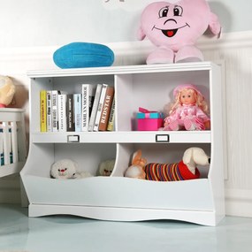 Costway Mobile porta giocattoli con 2 vani e 2 contenitori, Organizer giochi per bambini in legno 105x39,5x83,5cm Bianco