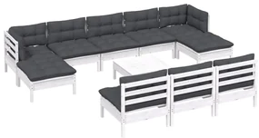 Set divani da giardino 11 pz con cuscini bianchi legno di pino
