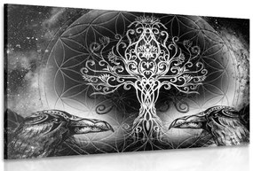 Quadro su tela – Corvi e albero della vita in bianco e nero