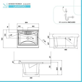 Mobile lavatoio 60x50 cm vasca in resina con asse e kit di scarico