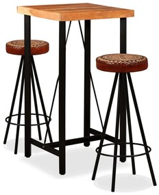 Set Da Bar 3 Pz İn Legno Massello Acacia İn Pelle Vera E Tela /