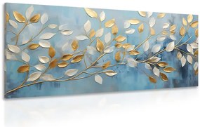 Quadro su tela – Foglie oro-bianche su sfondo blu