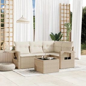 Set Divano da Giardino 5 pz con Cuscini Beige in Polyrattan