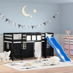 Letto A Soppalco Con Tende Bambini Bianco E Nero 80x200 Cm Pino /