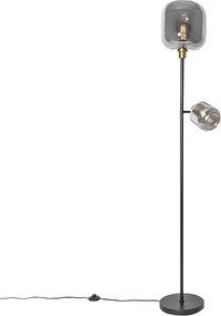 Lampada da terra nera con oro e vetro fumé 2 luci - Zuzanna
