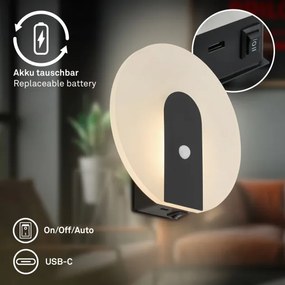 Briloner 3889015 - Lampada da parete LED ricaricabile con sensore TARO LED/2,5W/5V 1800 mAh nera