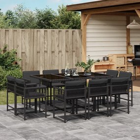 Set da pranzo da giardino 11 pz con cuscini in polyrattan nero