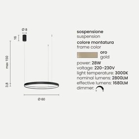 Lampada a sospensione con cerchio orizzontale in metallo Oro 60 cm NOVA