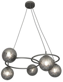 Lampadario 5 Luci Eolo A Cerchi E Diffusori In Vetro Rigato Fumè