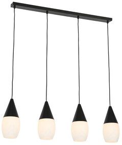 Lampada a sospensione moderna nera con vetro opalino 4 luci - Drop