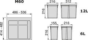 Pattumiera Differenziata 3 Contenitori per Cassettone 60x21,6 cm con Base Emuca Grigio Antracite...