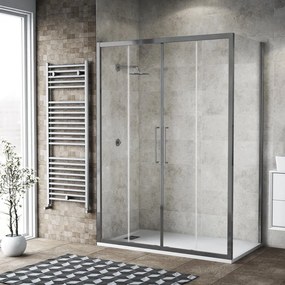 Box doccia con ingresso frontale scorrevole L 140 x H 195 cm, in vetro trasparente SP. 6 mm, profilo cromato Record
