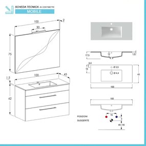 Mobile bagno sospeso 100 cm Smart grigio legno/lava con specchio
