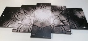 Quadri 5 pezzi – Mandala con sfondo galassia in bianco e nero