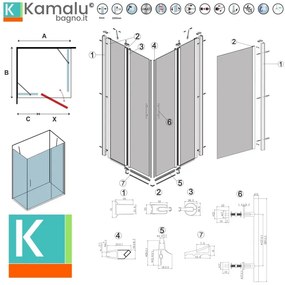 Kamalu - Box doccia 70x95cm finitura nera battente e fisso 70cm | KPX2800N