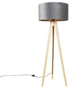 Lampada da terra in legno con paralume in tessuto grigio 50 cm - Tripod Classic