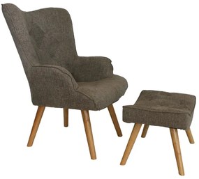 Poltrona e pouf in tessuto con gambe in legno seduta imbottita Marrone