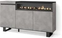 Credenza, Mobile soggiorno 150x87x35cm, 3 Porte, Camino elettrico, Design industriale, Stile moderno, Cemento