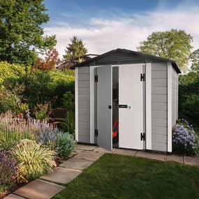 Casetta da giardino in PVC antracite 1.8 x 1.8 m, superficie esterna 3.98 m² e spessore parete 20 mm, con pavimento porta a due ante, GAROFALO Greeny L