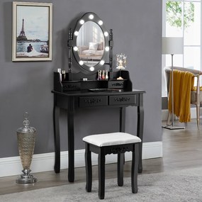 Costway Set toeletta con specchio ovale e 10 lampadine LED, Toeletta classica con 4 cassetti, Nero