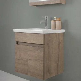 Mobile bagno sospeso 55cm rovere scuro con specchio contenitore Mona