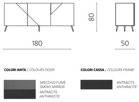 Madia credenza 3 ante in vetro specchio Fumč e cassa Antracite ARTE 180 con 5 piedini