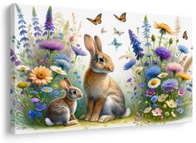 Quadro su tela – Coniglietti su prato fiorito di primavera