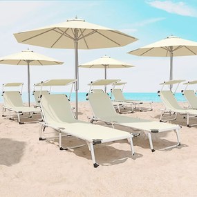 Coppia Di Lettini Pieghevole Prendisole Tettuccio Parasole Schienale Reclinabile Regolabile 6 Posizioni Struttura In Alluminio Sedia Sdraio Spiaggia Mare Giardino Piscina 187 x 59 x 29 Cm (Beige)