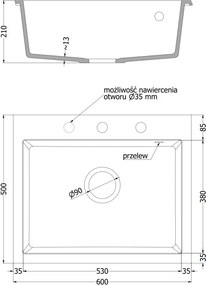 Mexen Elix lavello in granito a 1 vasca 600 x 500 mm, beige, sifone dorato - 6525601005-69-G