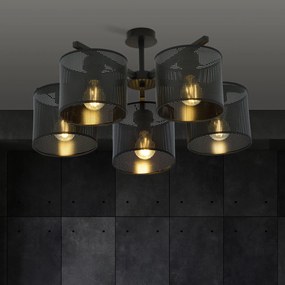 Plafoniera Industrial 5 Luci Cigno In Acciaio Nero E Paralumi A Cilindro