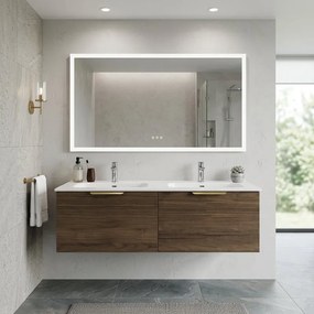 Mobile da bagno sospeso Neo Line L 121 x H 33,6 x P 49 cm, 2 cassetti con maniglie oro satinato, noce, lavabo incluso 2 vasche SENSEA