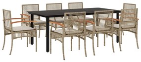 Set da pranzo da giardino 9 pz con cuscini beige in polyrattan