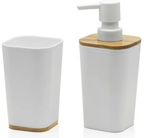 Set bagno dispenser e portaspazzolino bianco opaco con dettagli in bambù