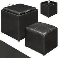 Set 2 Pouf Poggiapiedi in Ecopelle Nero Coperchio 2 in 1 Sgabello con Scomparto