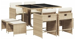 Set da pranzo da giardino 9 pz con cuscini beige in polyrattan