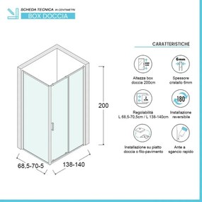 Box doccia angolare 70x140 cm scorrevole in cristallo trasparente Ted