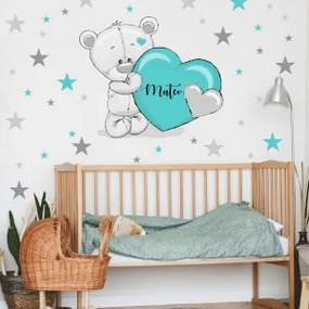 Adesivi da parete - Orsetto grigio turchese con stelle e nome | Inspio