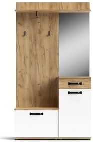 Mobile Da Ingresso 104x32x190 Con Ante E Specchio Bianco E Rovere Mosso MO6