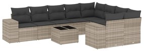 Set divano giardino 10 pz con cuscini grigio chiaro polyrattan