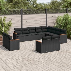 Set divani da giardino 12 pz con cuscini nero in polyrattan