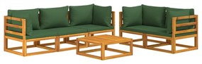 Set salotto da giardino 6pz con cuscini verdi in legno massello