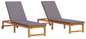 Lettini da sole 2 pz con cuscini in legno massello di acacia,  lettino da sole con cuscini grigio chiaro in legno massello di acacia