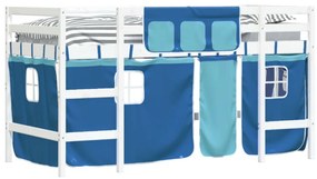 Letto a soppalco con tende bambini blu 80x200 cm massello pino